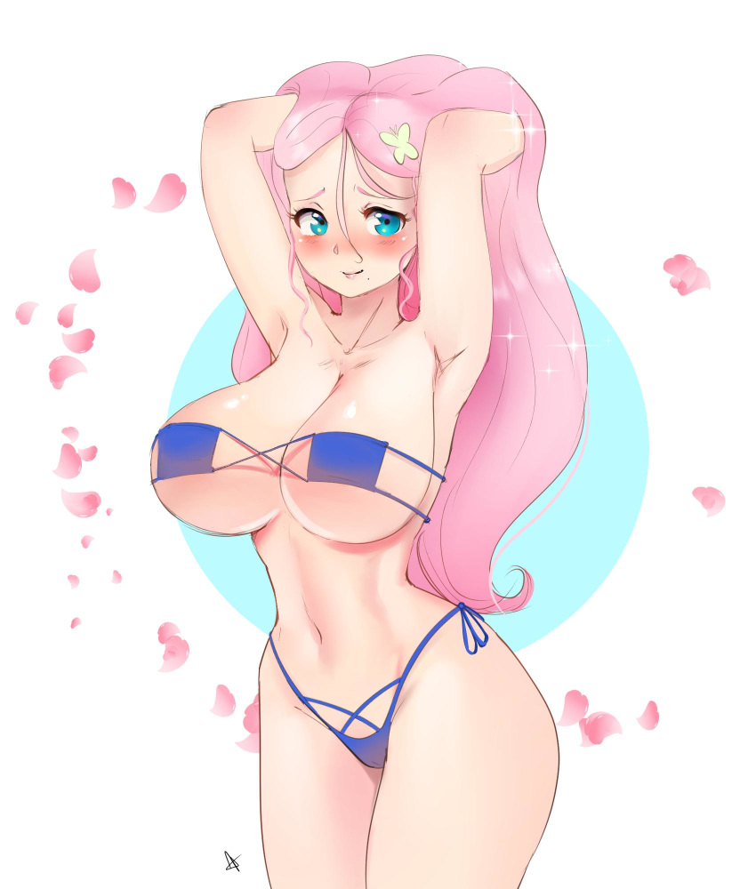 1girl 2019 big_breasts bikini blush breasts fluttershy friendship_is_magic humanized long_hair mrscurlystyles my_little_pony pink_hair smile solo_female solo_focus