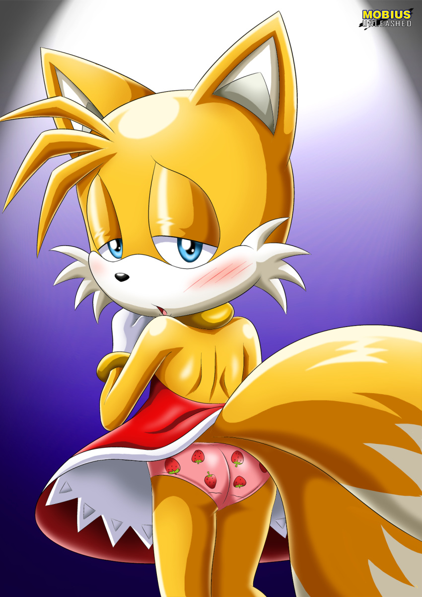 1boy bbmbbf blush dress fox miles_"tails"_prower mobius_unleashed palcomix sega sonic_(series) sonic_the_hedgehog_(series) tails underwear