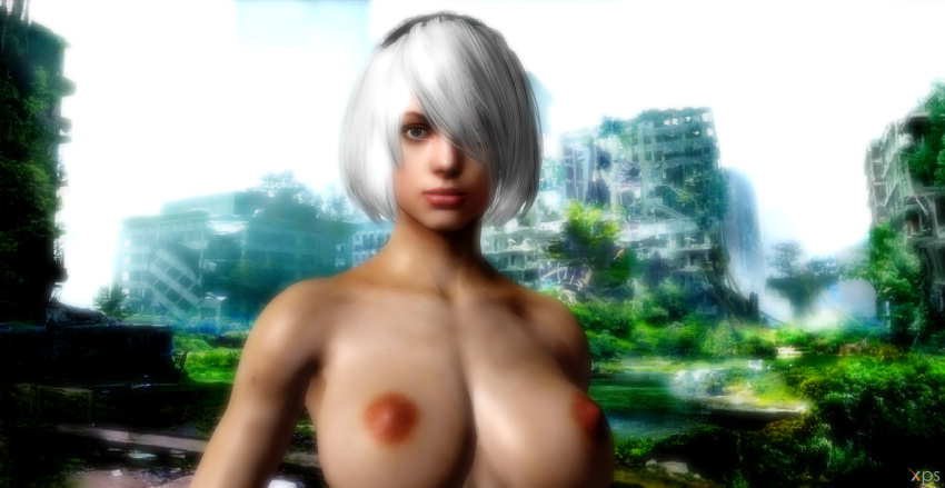 1girl 3d android areola big_breasts black_headband blue_eyes bridge brown_nipples buildings bushes city city_background close-up cosplay cosplayer cosplaying crossover erect_nipples eye_contact eyebrows eyebrows_visible_through_hair eyelashes eyeliner eyes eyes_visible_through_hair eyeshadow female_human female_only games headband headwear human human_only jill_valentine lips lipstick looking_at_viewer mouth nier nier:_automata nier_(character) nier_(series) nude nude_female outside pale-skinned_female pink_lipstick posing render resident_evil resident_evil_5 river roots ruins short_hair silver_hair solo_female trees unmasked video_games water white_hair xnalara xps yorha_2b_(cosplay) yorha_no._2_type_b