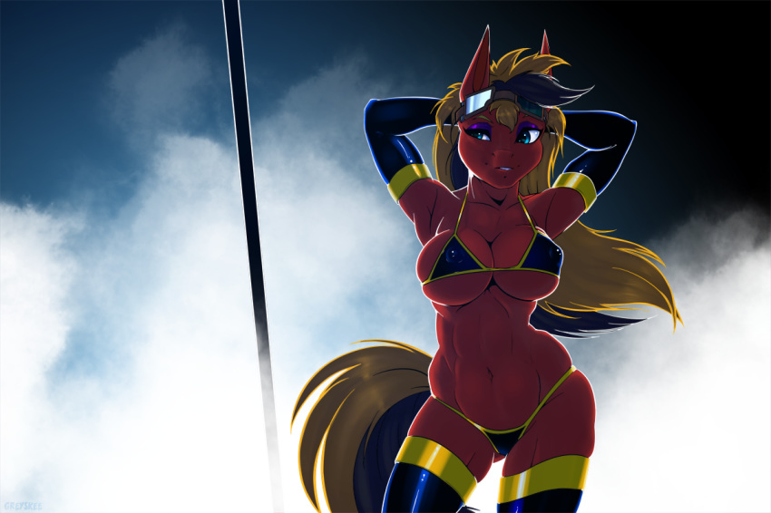 1girl anthro armpits bikini breasts cleavage clothed clothing equine friendship_is_magic furry greyskee horse mammal my_little_pony original_character pinup pony pose rubber simple_background smile standing swimsuit two_tone_tail