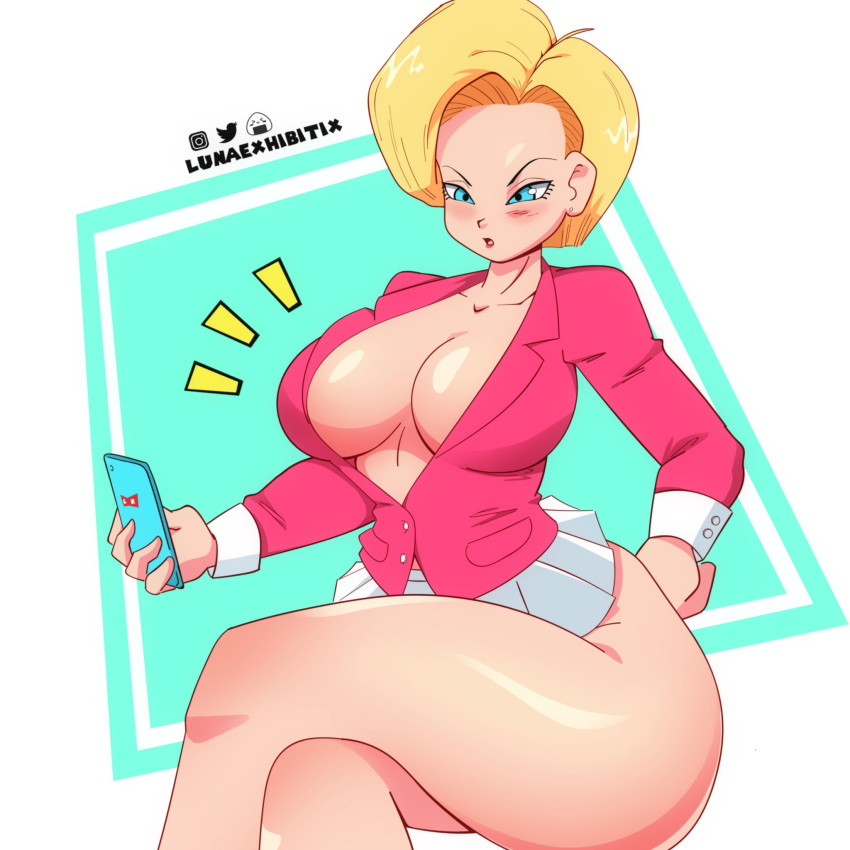 1girl 1girl 1girl android_18 anime_milf big_breasts big_breasts blonde_hair blue_eyes breasts cleavage clothed_female crossed_legs dragon_ball dragon_ball_z female_focus female_only high_res high_res lunaexhabbitix mature mature_female milf phone short_hair skirt solo_female solo_focus thick_thighs thighs wide_hips