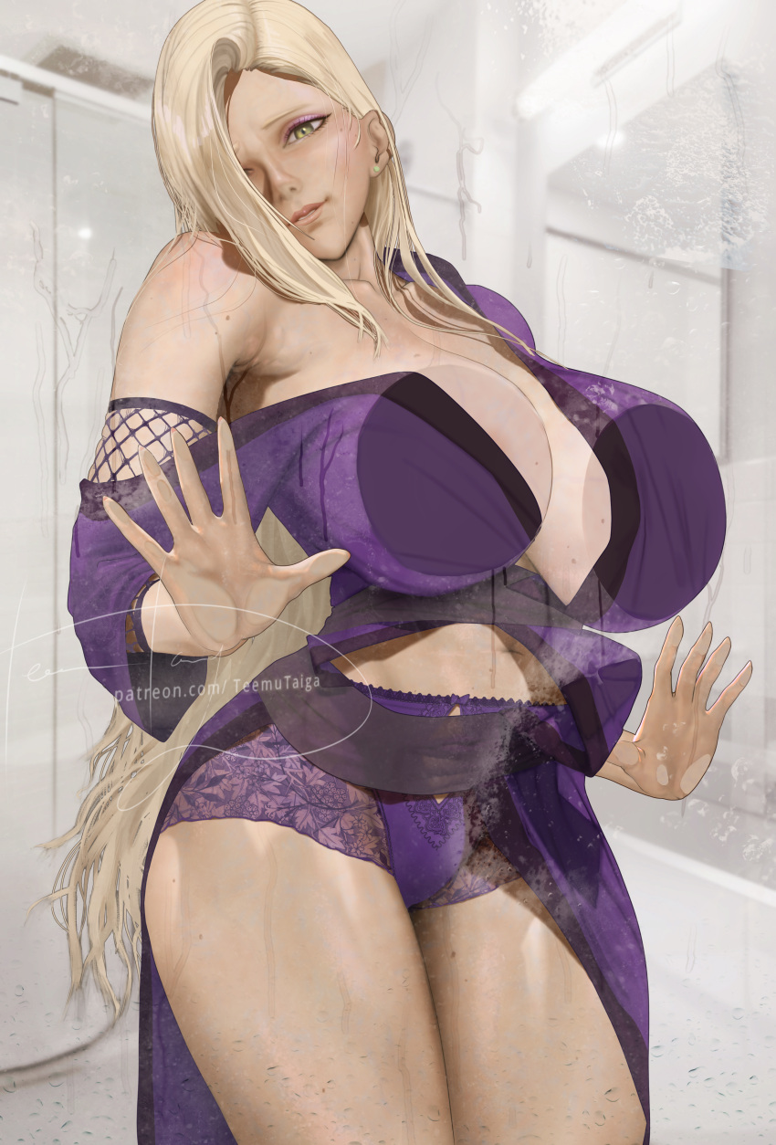 1girl 1girl 1girl absurd_res against_glass bare_shoulders bathroom big_breasts big_breasts blonde_hair blush breast_grab breasts clavicle cleavage clothed_female clothing curvaceous curvy_female earrings female_focus female_only fingernails grabbing groping hair_over_one_eye high_res high_res huge_breasts indoors ino_yamanaka light-skinned light-skinned_female lips long_hair looking_at_viewer mature mature_female mole naruto naruto_shippuden navel piercing pink_lips pink_nails revealing_clothes room shiny_skin smile solo_female solo_focus teemu_taiga thick_thighs thighs underwear veins veiny_breasts voluptuous wet wet_body window yellow_eyes