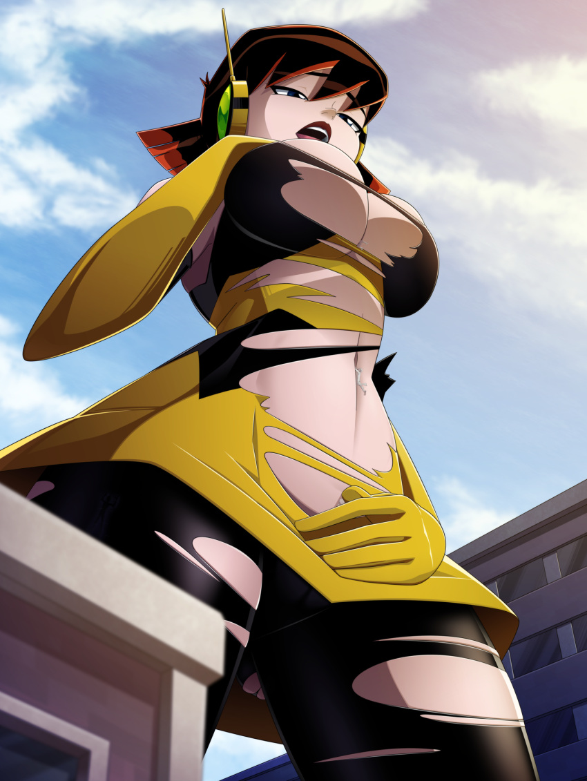 1girl avengers bellybutton big_breasts blue_eyes breasts brunette cleavage female_only giant_breasts giantess janet_van_dyne marvel ravenravenraven the_avengers:_earth's_mightiest_heroes the_wasp torn_clothes upskirt voluptuous wasp_(marvel)