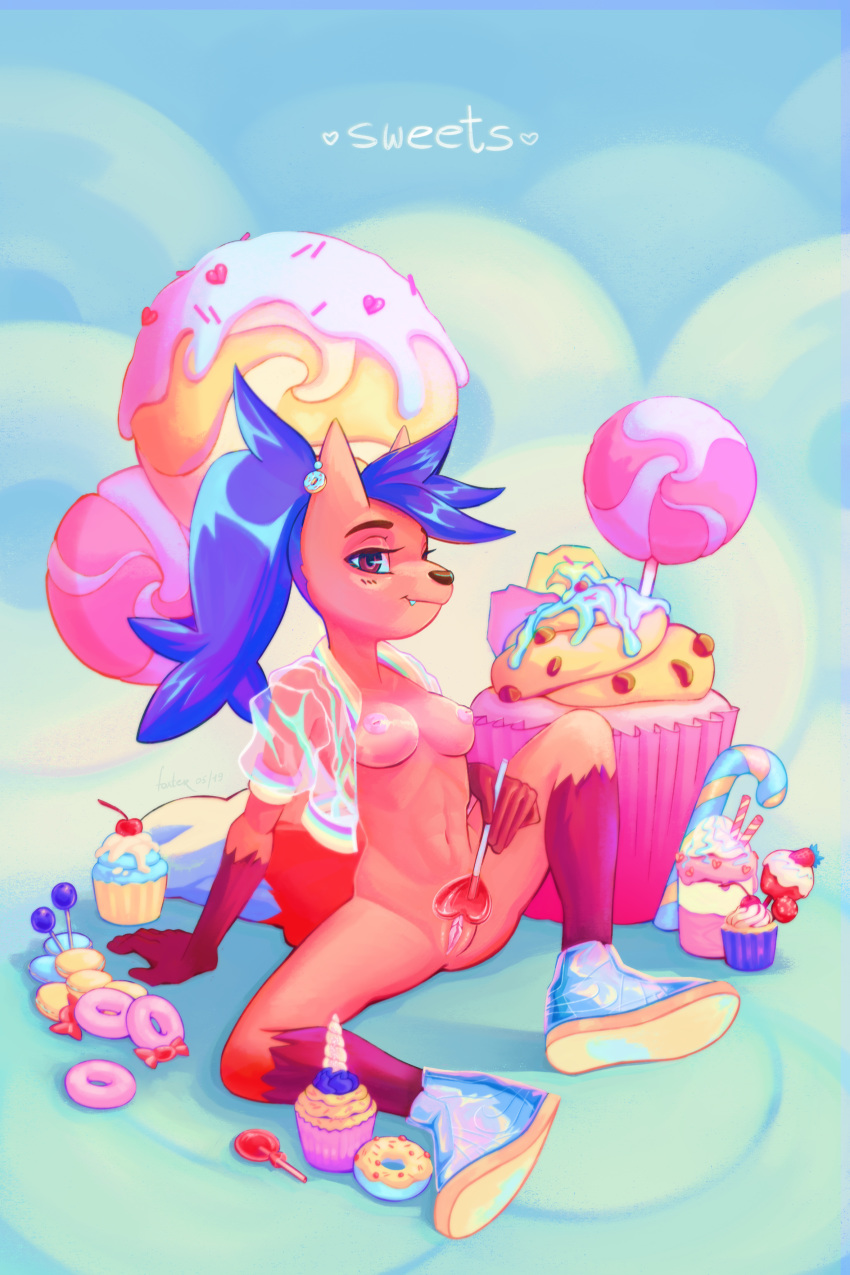 1girl 2019 absurd_res anthro artyfoxter blue_hair breasts brown_eyes cake candy canid canine cherry_(fruit) clothing digital_media_(artwork) doughnut food fox fruit fur furry hair high_res humanoid_hands lollipop looking_at_viewer macaroon_(food) mammal nipples nude original pink_nipples pink_pussy plant pussy strawberry sweets