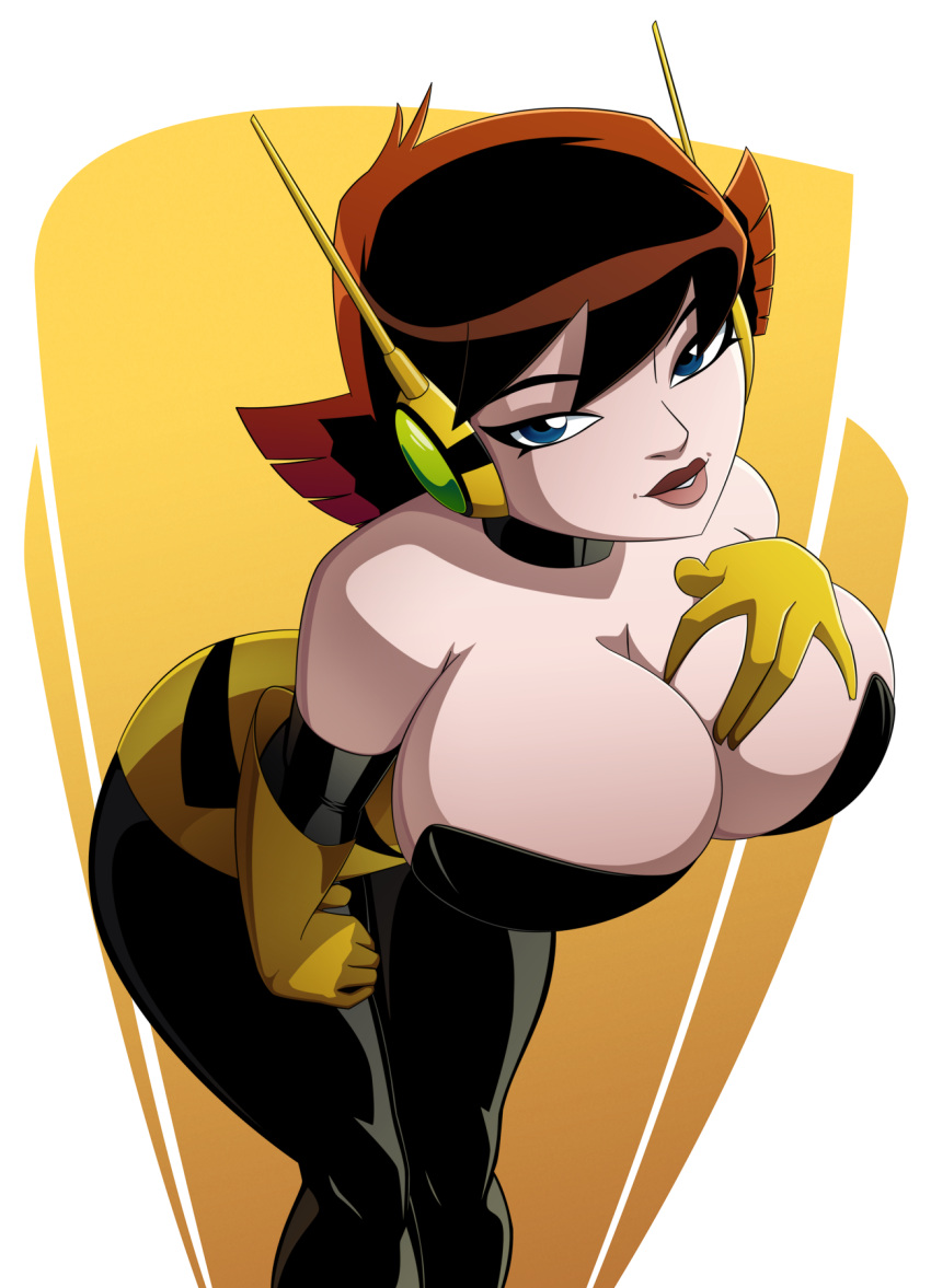 1girl avengers big_breasts blue_eyes breasts brunette cleavage female_only headphones janet_van_dyne lipstick looking_at_viewer marvel ravenravenraven the_avengers:_earth's_mightiest_heroes the_wasp tight_clothing voluptuous wasp_(earth's_mightiest_heroes) wasp_(marvel)