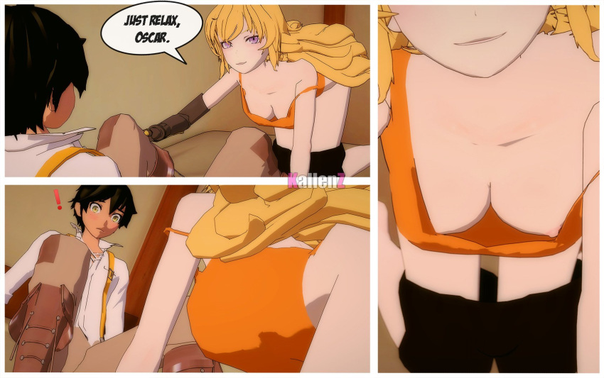 1boy 1girl 1girl 3d areola blonde_hair breasts down_blouse english english_text high_resolution kallenz male nipples oscar_pine prosthesis prosthetic_arm robotic_arm rwby source_filmmaker speech_bubble text yang_xiao_long