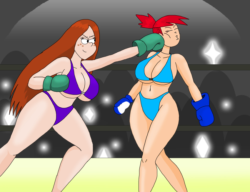 2_girls big_breasts bikini blue_bikini boxing boxing_gloves boxing_ring breasts cleavage foster's_home_for_imaginary_friends frankie_foster gravity_falls large_breasts legs light-skinned_female light_skin long_hair navel punching purple_bikini red_hair short_ponytail smile smilesaidboredgirl swimsuit thighs wendy_corduroy wide_hips