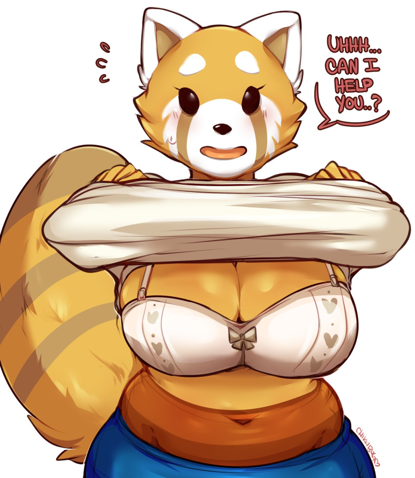 1girl 1girl aggressive_retsuko ailurid anthro big_tail breasts brown_fur cheek_tuft chikkbug clothed clothing clothing_lift dialogue english_text front_view fur furry long_tail mammal muffin_top red_panda retsuko sanrio shirt shirt_lift simple_background speech_bubble striped_tail stripes text topwear tuft white_background white_fur