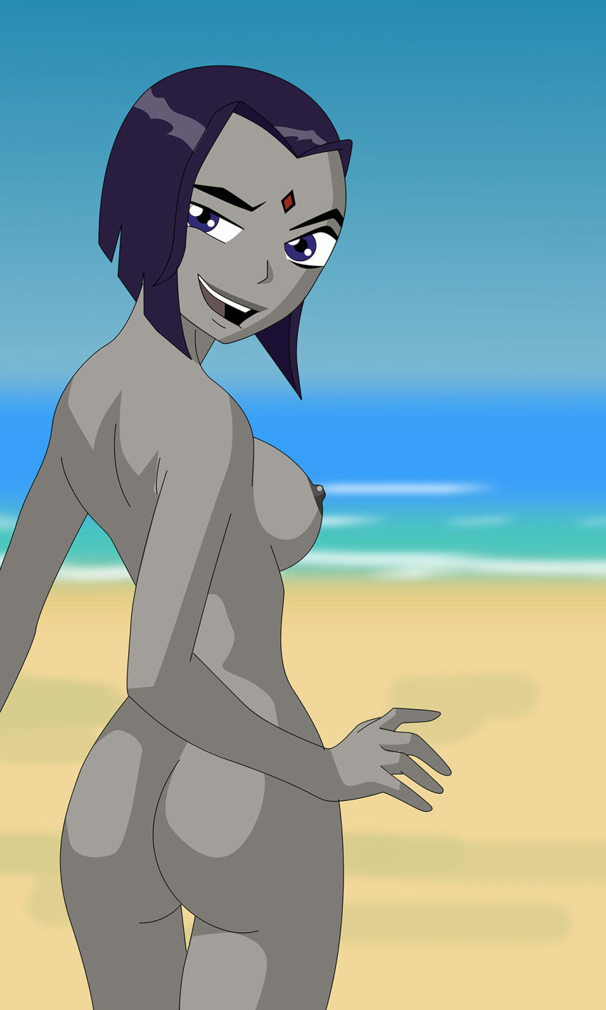 1girl ass beach big_breasts blue_eyes blue_hair bobsan breasts dc_comics dcau female_only grey_skin looking_back nipples nude raven_(dc) solo solo_female teen_titans