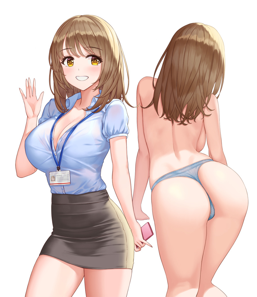 brown_eyes brown_hair busty female_only holding_phone looking_at_viewer miniskirt multiple_views