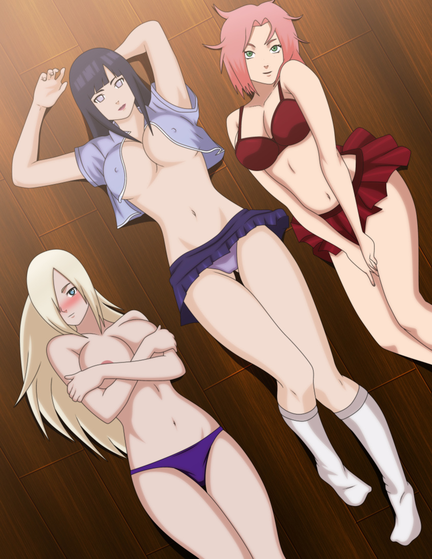 3girls big_breasts breasts darkalx hinata_hyuuga ino_yamanaka multiple_girls naruto sakura_haruno topless