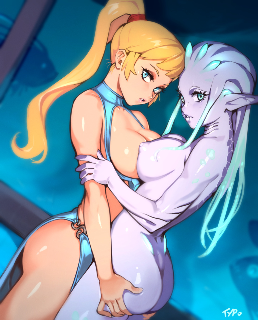 1girl 2_girls alien ambiguous_background artist_name ass ass_grab asymmetrical_docking blonde_hair blue_eyes breast-to-breast breast_press breasts clothed_female clothed_female_nude_female clothing duo female_only groping high_resolution metroid monster_girl multiple_girls nintendo nipples nude nude_female paid_reward pointed_ears ponytail revealing_clothes samus_aran shiny shiny_skin tied_hair typo_(requiemdusk) yuri