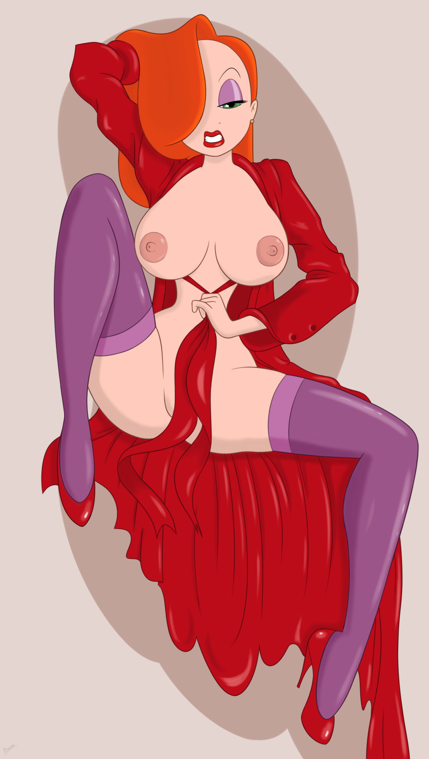 big_breasts breasts disney green_eyes hair_over_eye jessica_rabbit nipples open_clothes red_hair roger_bacon solo who_framed_roger_rabbit