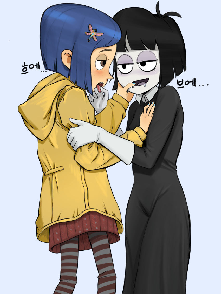 2_girls 2females breast_grab coraline coraline_jones creepy_susie finger_in_mouth finger_to_mouth goth mouth_hold mouth_open the_oblongs touching
