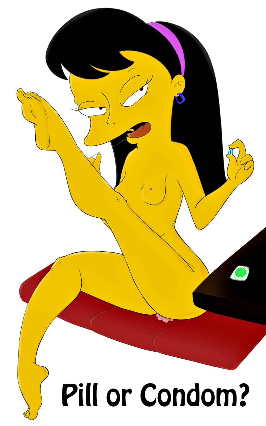 1girl black_hair condom earring female female_only half-closed_eyes holding_pill jessica_lovejoy long_hair looking_at_viewer nipples nude one_leg_up open_mouth pill pussy_juice saliva saliva_trail sitting small_breasts small_nipples solo tagme the_simpsons tongue tongue_out wet white_background yellow_skin