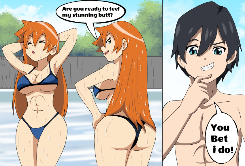 1boy 1girl abs alluring ash_ketchum ass athletic_female athletic_male big_breasts bikini breasts dat_ass female_abs fit_female fit_male grown_up huge_ass huge_breasts kasumi_(pokemon) long_hair misty misty_(pokemon) nintendo orange_hair pokemon pokemon_(anime) pokemon_(classic_anime) pokemon_(game) pokemon_rgby pool satoshi_(pokemon) studiodraw swimming_pool thick thick_thighs thighs wet