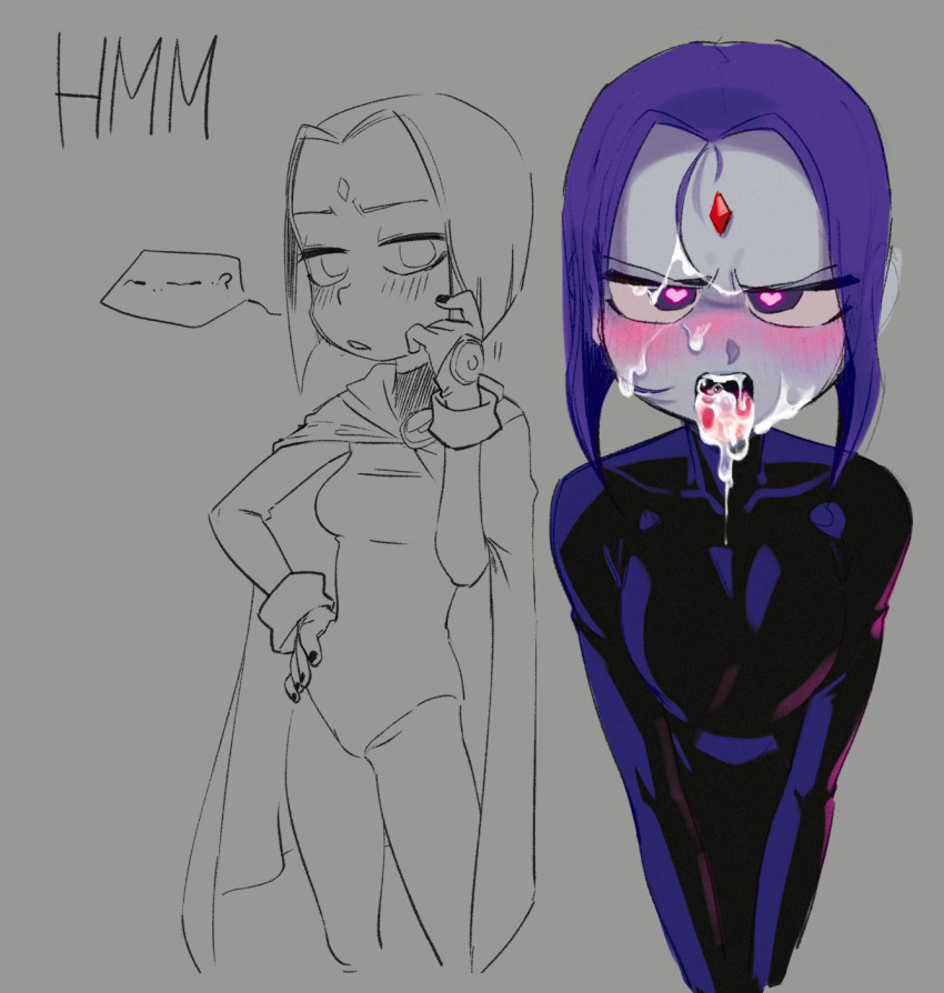 black_nails blush cheez cum cum_in_mouth cum_on_face gem heart-shaped_pupils purple_hair raven_(dc) red_gem skin_tight skin_tight_suit unfinished