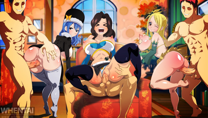 3_girls 3girls anus areolae ass bent_over big_breasts black_eyes blonde_hair blue_eyes blue_hair blush breast_grab breasts brown_eyes brown_hair cana_alberona closed_eyes clothed_female_nude_male fairy_tail from_behind girl_on_top group_sex juvia_loxar large_breasts legwear long_hair looking_at_viewer looking_back lucy_heartfilia multiple_boys multiple_girls nipples one_eye_closed open_mouth orgy penis pussy sex smile testicle text uncensored vaginal watermark whentai