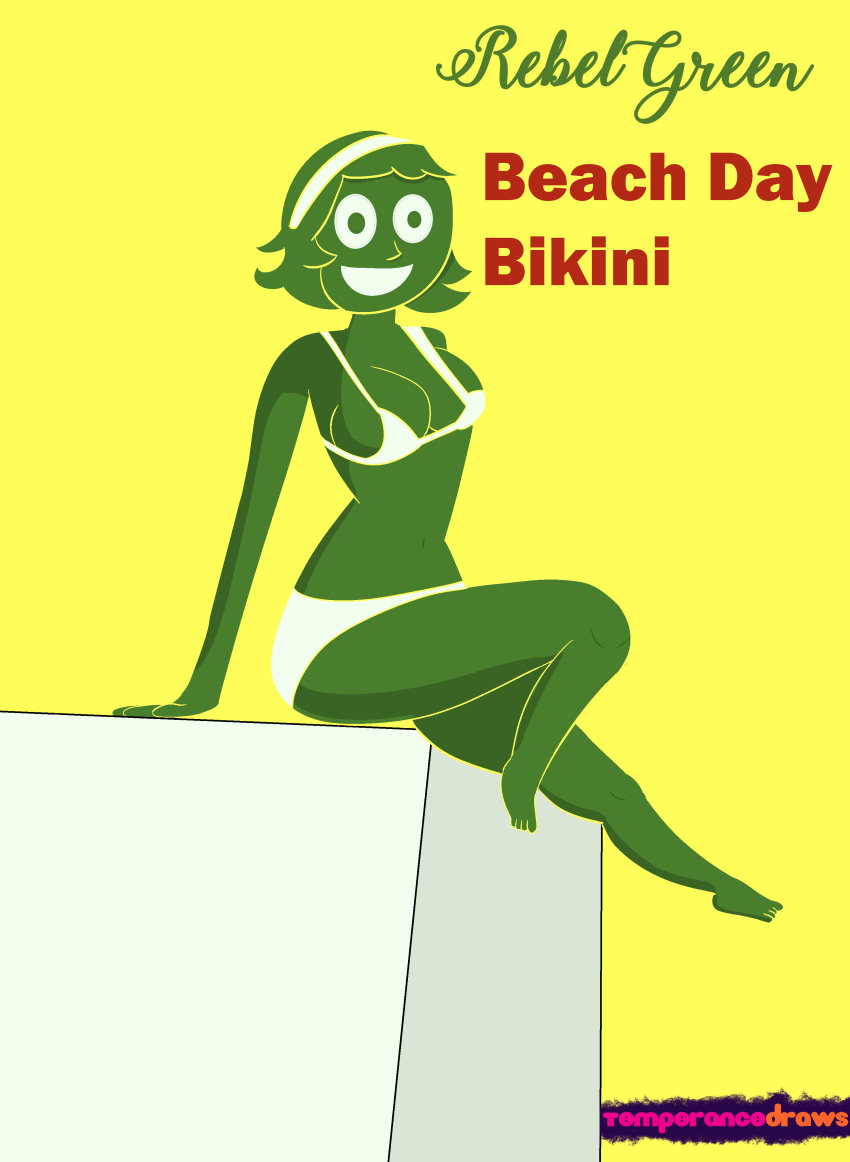 1girl 1girl ass bikini breasts female_only green_body green_eyes green_hair green_skin mascot mascots pinup rebel_green simple_background simple_shading smile temperancedraws wide_eyed yellow_background