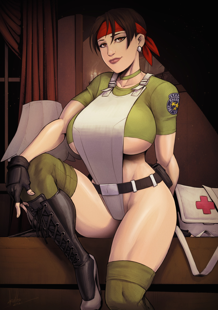 1girl brown_hair devil_hs ear_piercing female_focus female_only gloves headband huge_thighs light-skinned_female light_skin looking_at_viewer pale-skinned_female pale_skin police police_uniform policewoman rebecca_chambers resident_evil short_hair simple_background smile solo_female solo_focus thick_thighs under_boob wide_hips
