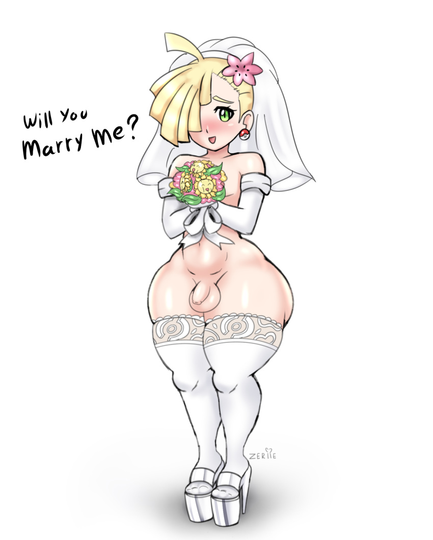 1boy alternate_outfit balls big_ass blonde_hair bride eye_contact femboy flower girly gladion_(pokemon) green_eyes hair_over_one_eye happy huge_ass human lace-top_stockings lace-trimmed_thighhighs lips looking_at_viewer marriage marriage_proposal married nintendo nuts pokemon pokemon_sm short_hair small_penis smile stockings sunflora test*icles testicle testicles text thick_thighs trap watermark wedding_band wedding_dress wedding_veil white_background white_stockings white_thighhighs wide_hips zeriie