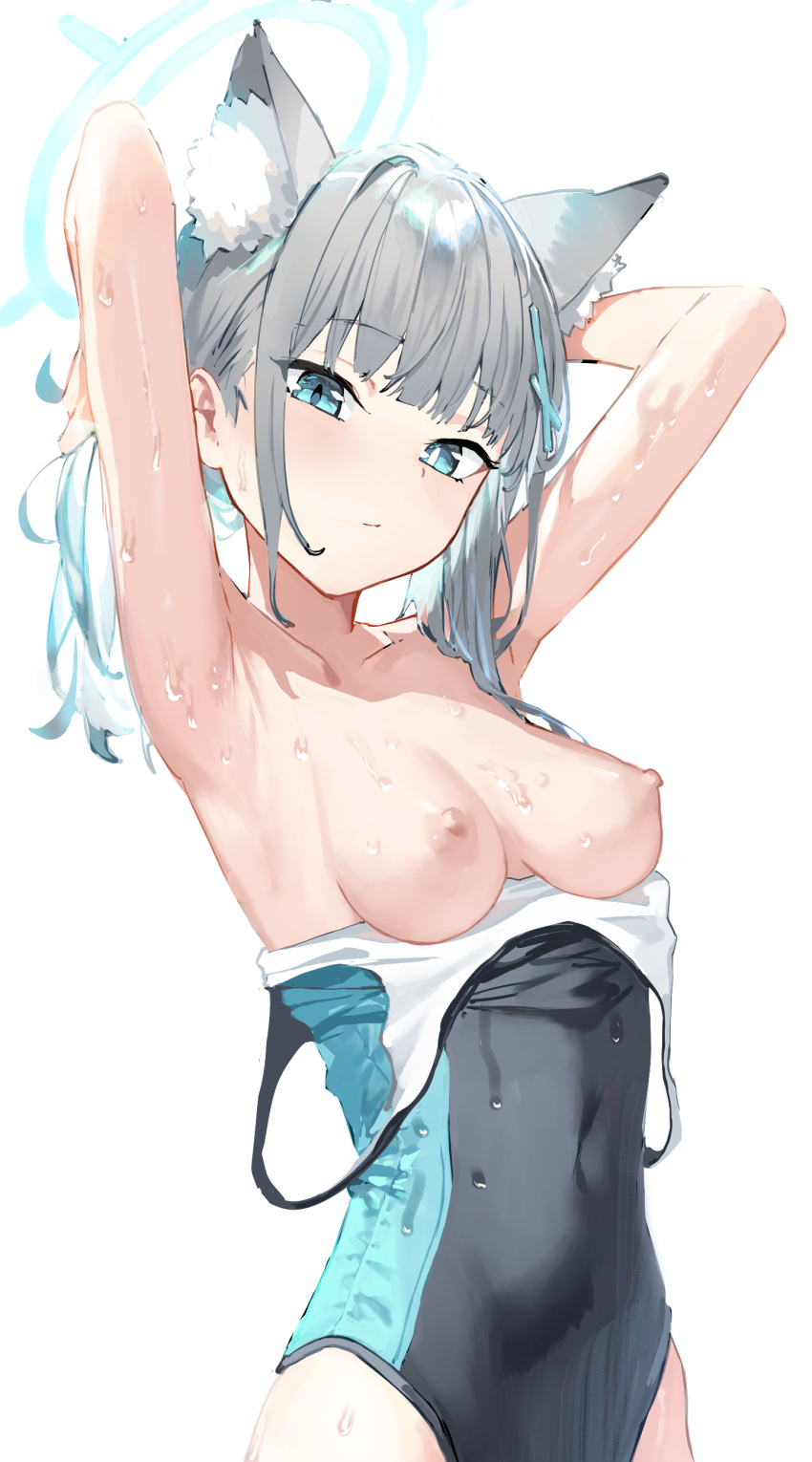 1girl adjusting_hair animal_ear_fluff animal_ears armpits arms_behind_head arms_up bangs bare_shoulders black_swimsuit blue_archive blue_eyes blue_swimsuit blush breasts clavicle clothing competition_swimsuit cross_hair_ornament grey_hair hair_lift hair_ornament halo hands_in_hair high_resolution highleg highleg_swimsuit holding holding_hair looking_at_viewer medium_breasts medium_hair nipples nude one-piece_swimsuit shiroko_(swimsuit)_(blue_archive) simple_background sunaookami_shiroko sweat swimsuit tank_suit torn_clothes torn_swimsuit two-tone_swimsuit very_high_resolution wet white_background xkirara39x