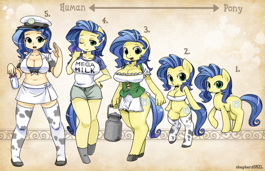 1_girl 1girl anthro anthrofied apron artist_name big_breasts blue_hair bottle breasts cleavage commentary cow_print cutie_mark directional_arrow english equine freckles friendship_is_magic furry green_eyes hat high_res highres hooves huge_breasts humanized leggings looking_at_viewer mega_milk milk milk_bottle milky_way_(mlp) my_little_pony my_little_pony_friendship_is_magic navel one_eye_closed open_mouth pigeon-toed pony progression shepherd0821 shirt shorts skirt smile stockings t-shirt tail tattoo thighhighs transformation waving wink zettai_ryouiki