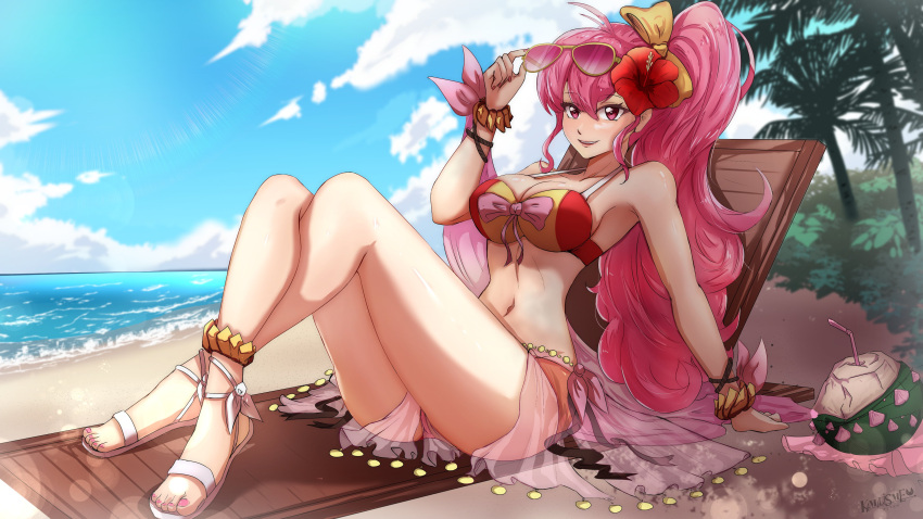 1girl 1girl 1girl absurd_res alluring alternate_costume ankle_ribbon anklet arm_support beach beach_chair bendy_straw big_breasts big_hair bikini blurry blurry_background blush bow bracelet breasts cloud coconut crossed_legs drinking_straw english_commentary eyebrows_visible_through_hair eyewear_on_head fire_emblem fire_emblem:_new_mystery_of_the_emblem flower hair_flower hair_ornament hairbow high_res jewelry kamilisme long_hair looking_at_viewer nail_polish navel nintendo ocean palm_tree phina_(fire_emblem) pink_bow pink_eyes pink_hair ponytail red_bikini red_flower ribbon sand sandals sarong second-party_source see-through shadow sidelocks sitting smile sunglasses sunglasses_on_head swimsuit thighs tree two-tone_bikini very_long_hair white_bikini wrist_bow yellow_bow