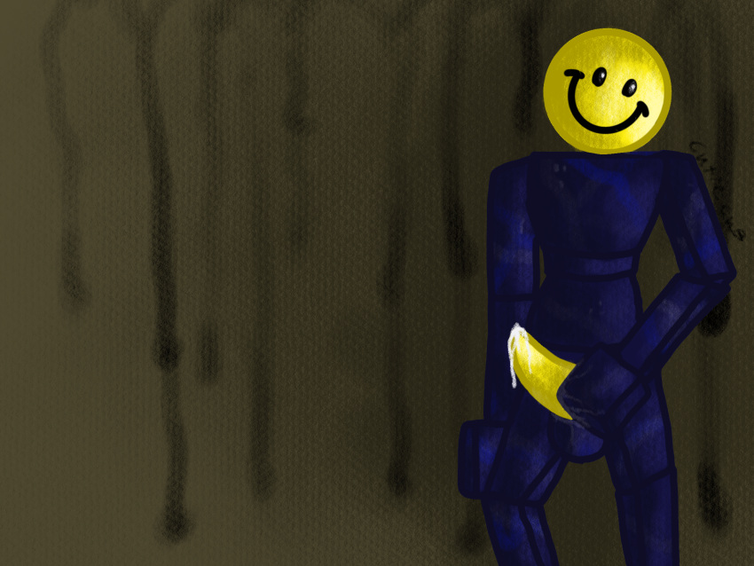 1girl balls blue_body bodily_fluids creepy cutiecub dripping genital_fluids genitals grabbing_genitals head_tilt high_res humanoid jaoba_(regretevator) looking_at_viewer male masturbation penis penis_grab precum precum_drip regretevator roblox shadow simple_background smile smiley_face solo_focus tall wet wet_hands yellow_head yellow_penis