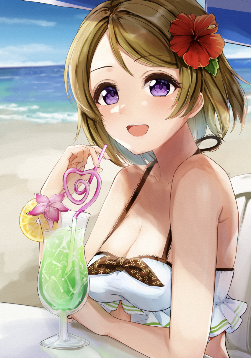 1girl :d absurdres artist_name beach beach_umbrella bikini blush breasts brown_hair cleavage commentary crazy_straw cup drinking_straw female_focus flower hair_flower hair_ornament high_res highres koizumi_hanayo looking_at_viewer love_live! love_live!_school_idol_project medium_breasts not_porn ocean purple_eyes short_hair smile solo swimsuit symbol-only_commentary umbrella white_bikini yoshinon_(yoshinon_kotori)