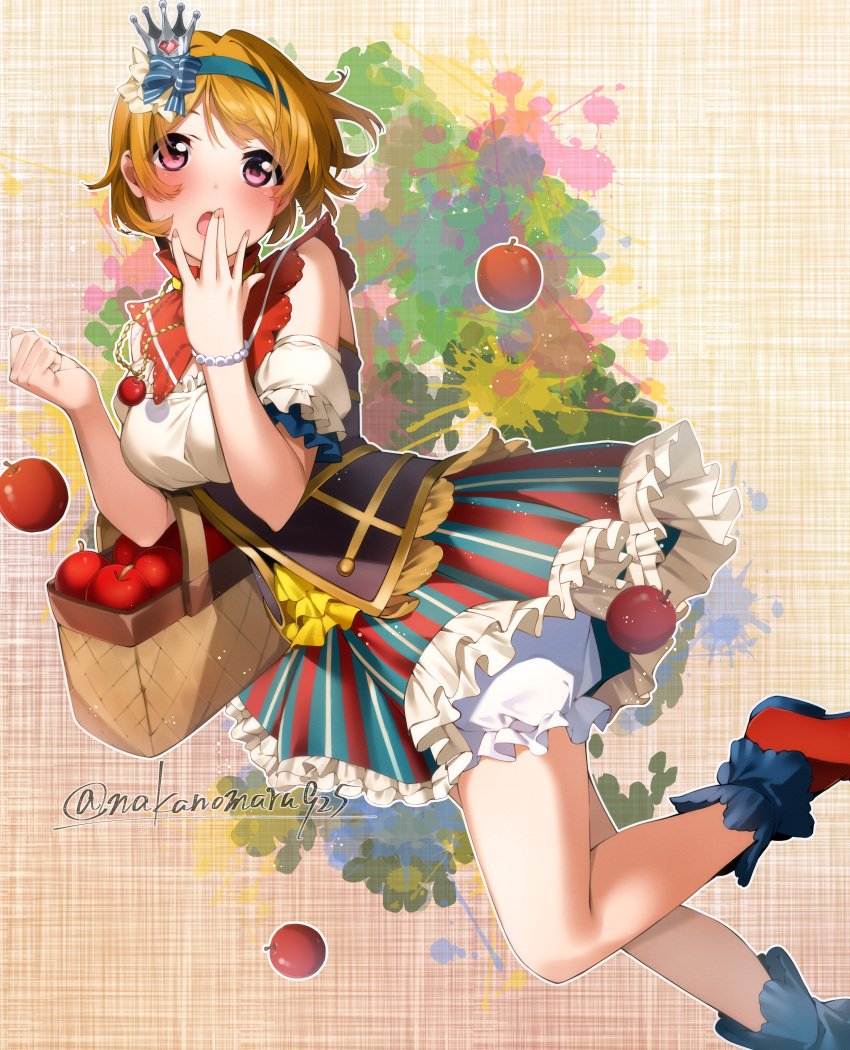 1girl absurdres apple artist_name basket bead_bracelet beads blue_footwear blue_hairband bracelet brown_hair commentary crown female_focus food fruit hairband high_res highres holding holding_basket jewelry koizumi_hanayo looking_at_viewer love_live! love_live!_school_idol_project mini_crown multicolored_clothes multicolored_skirt nakano-290_(17332822) nakano_maru open_mouth pink_eyes shoes short_hair skirt thighs twitter_username