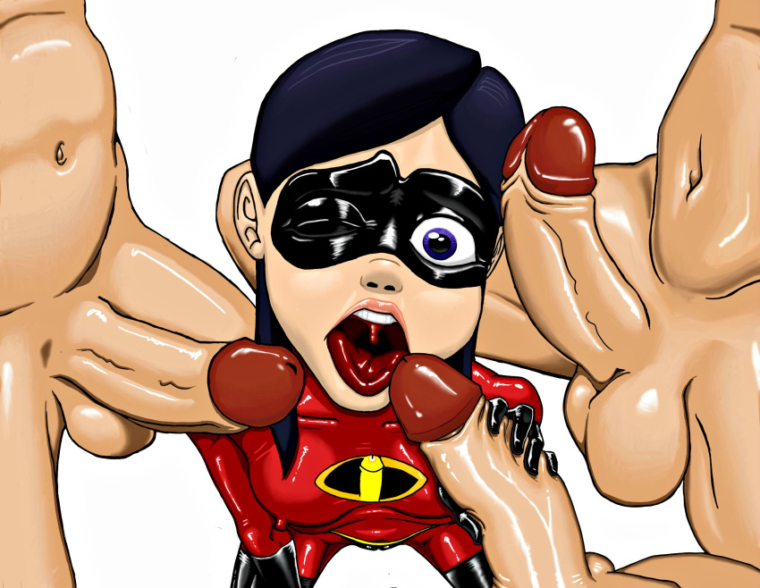 disney facejob fellatio handjob one_eye_closed oral penis_on_face penis_on_head the_incredibles violet_parr white_background