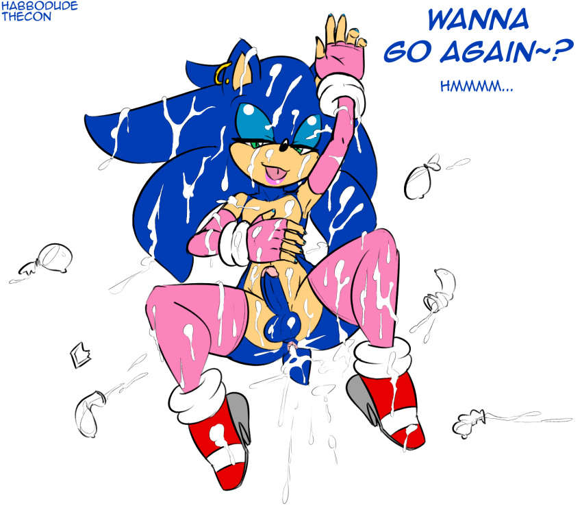 2013 after_sex anthro anus bedroom_eyes blue_hair bukkake condom crossdressing cum cum_everywhere cum_in_ass cum_inside ear_piercing english_text erection filled_condom furry gay girly green_eyes habbodude hair hedgehog looking_at_viewer male messy penis piercing sega smile sonic_(series) sonic_the_hedgehog testicles text thecom thecon tongue tongue_out