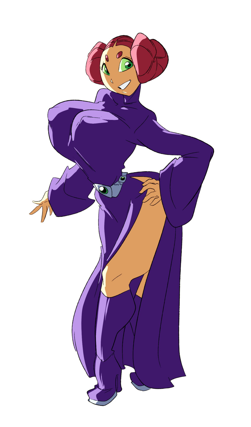 1girl big_breasts boots breasts cosplay curvy cute dc_comics high_heel_boots high_heels huge_breasts princess_leia_organa princess_leia_organa_(cosplay) purple_dress red_hair slb star_wars starfire teen_titans thick_thighs wide_hips