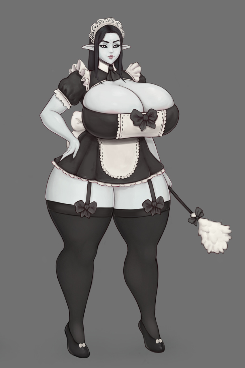 black_hair ghost gigantic_ass gigantic_breasts hourglass_figure maid_outfit milf monster_girl original_character pointy_ears sexy shinyglute white_skin