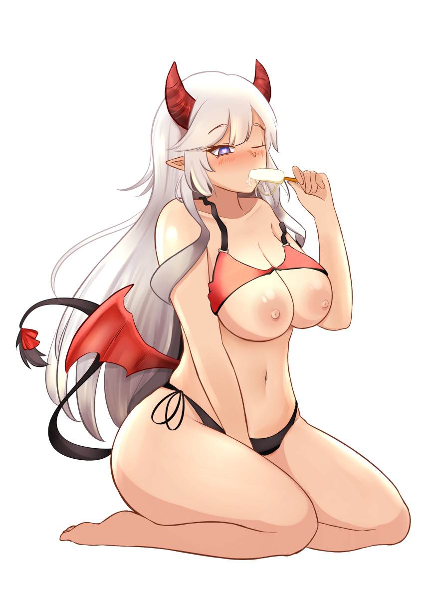 1girl 1girl big_breasts bikini blue_eyes blush breasts demon_girl demon_tail demon_wings food heart heart-shaped_pupils high_resolution horns navel nipples one_eye_closed popsicle sitting sucking swimsuit symbol-shaped_pupils tail thick_thighs thighs transparent_background veibae very_high_resolution white_hair wings
