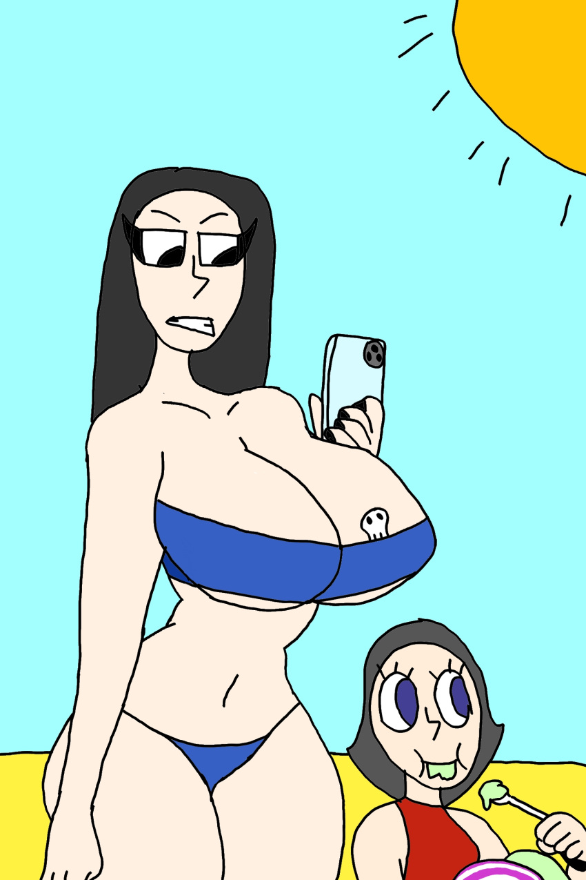 2_girls beach bikini cellphone massive_breasts metalpipe55_(artist) millaray_osses sister_and_sister sisters small_ass