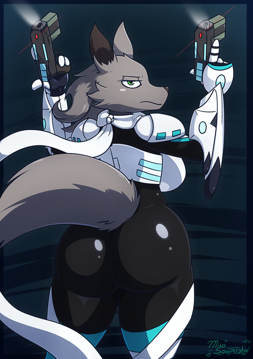 1girl 1girl 2017 absurd_res annoyed anthro armor ass big_ass big_breasts breasts bubble_butt butt_focus canid canine canis curvy_figure high_res looking_at_viewer looking_back mammal miso_souperstar ranged_weapon rear_view side_boob thick_thighs trigger_discipline voluptuous weapon wide_hips wolf