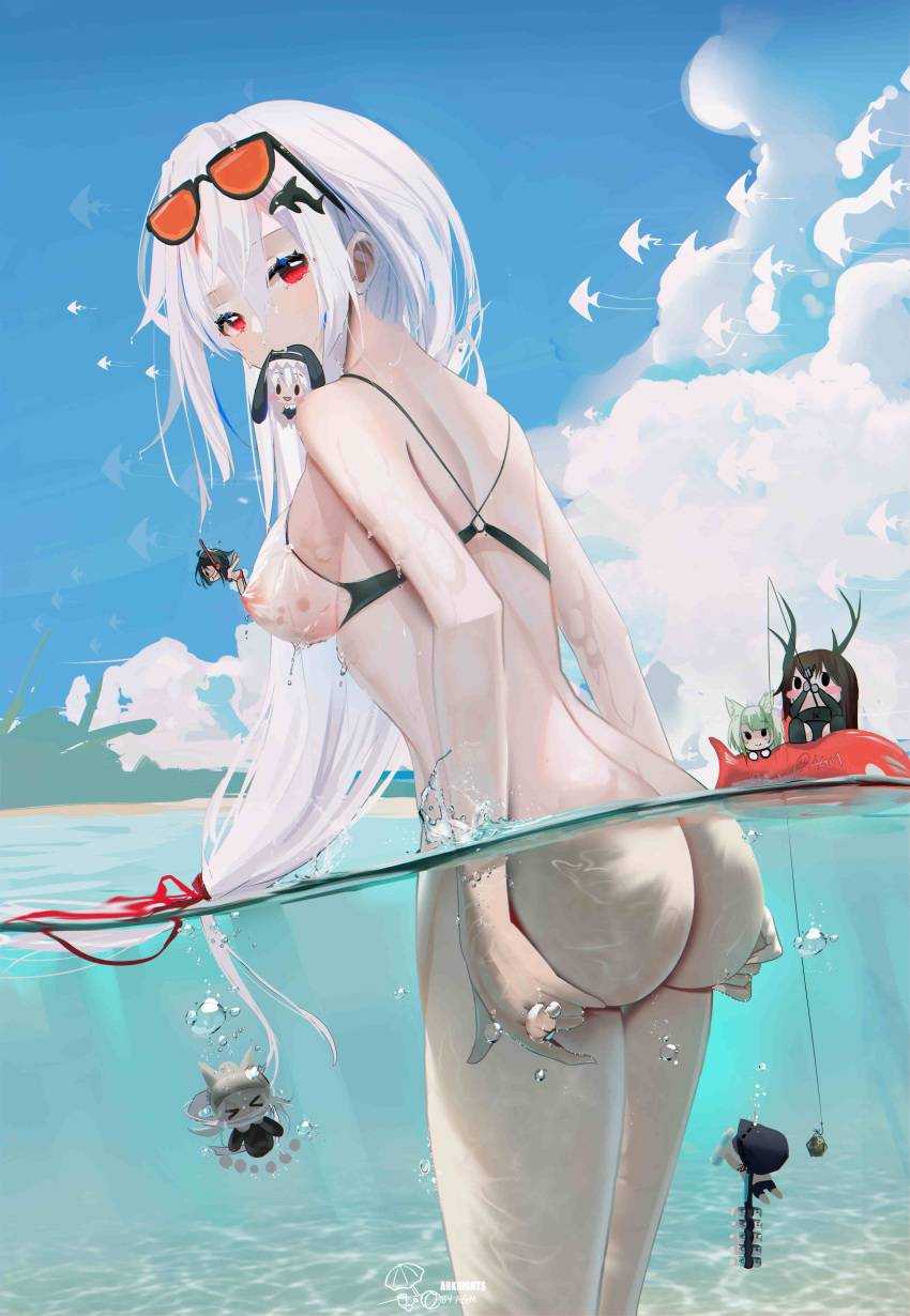 arknights ass ass_support bangs bare_shoulders big_breasts bikini blue_sky bottomless breasts cloud day doctor_(arknights) erect_nipples erect_nipples_under_clothes eyewear_on_head grani_(arknights) hair_between_eyes hair_ornament high_resolution hypergryph_(arknights) kal'tsit_(arknights) long_hair looking_at_viewer nipples omone_hokoma_agm outside partially_submerged partially_underwater_shot red_eyes see-through silver_hair skadi_(arknights) sky specter_(arknights) sunglasses swimsuit tinted_eyewear very_high_resolution very_long_hair wading wet whale_hair_ornament