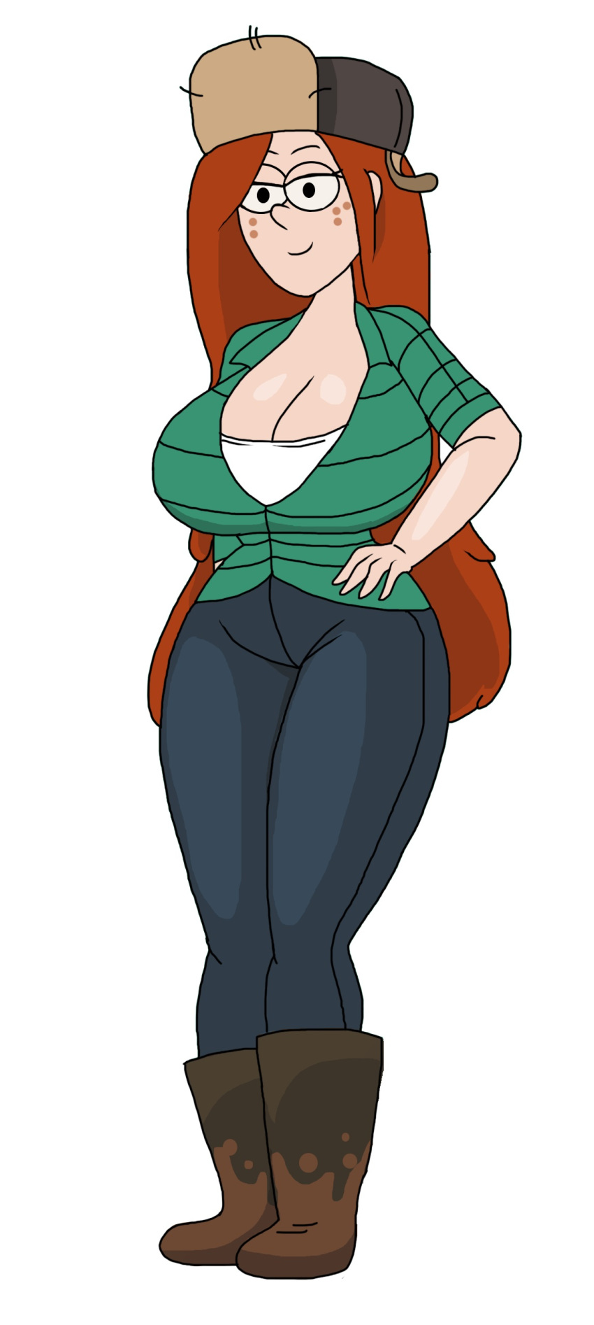1girl aged_up big_breasts boots breasts cleavage curvy freckles gravity_falls hand_on_hip hat hourglass_figure jeans large_breasts light-skinned_female light_skin long_hair red_hair smilesaidboredgirl wendy_corduroy wide_hips