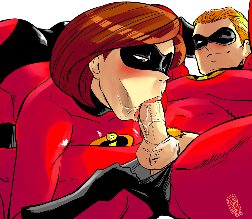 bob_parr cum cum_on_face erect_penis fellatio gloves hair helen_parr male mask oral penis the_incredibles