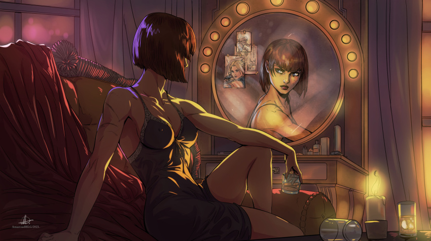 1girl alluring anna_williams breasts brown_hair couch glass high_res looking_at_mirror looking_at_self mirror namco nightgown nipples sitting tekken tekken_1 tekken_2 tekken_3 tekken_4 tekken_5 tekken_5_dark_resurrection tekken_6 tekken_6_bloodline_rebellion tekken_7 tekken_tag_tournament tekken_tag_tournament_2