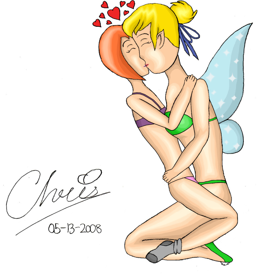 2008 2_girls age_difference arms arms_around_waist bad_anatomy bare_arms bare_legs bikini blonde_hair breasts_against_chest cclarke disney embracing fairy fairy_wings female_focus female_only green_bikini green_shoes hair_bun hair_ribbon hands hands_on_another's_back hands_on_another's_shoulders interspecies jane_darling kissing kneeling legs lesbian_kiss loli_and_older_girl multicolored_bikini older_woman_and_younger_girl orange_hair passionate_kiss peter_pan pointy_ears poorly_drawn self_upload sitting_on_lap slippers socks tinker_bell winged_humanoid yuri