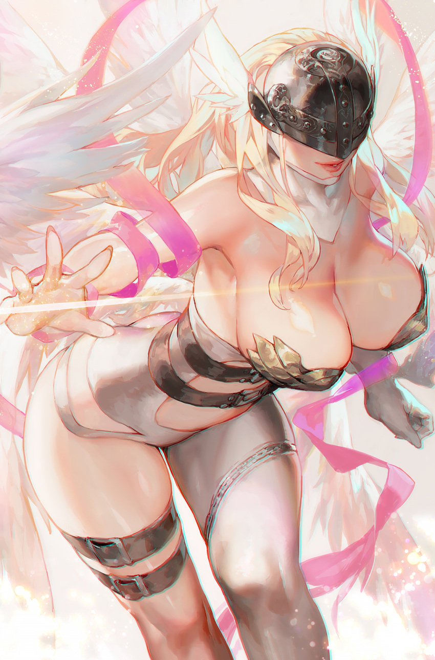 1girl alluring angel angel_wings angewomon aoin big_breasts blonde_hair breasts cleavage clothed clothing digimon digimon_(species) female_only helmet high_res long_hair mask solo_female winged_humanoid