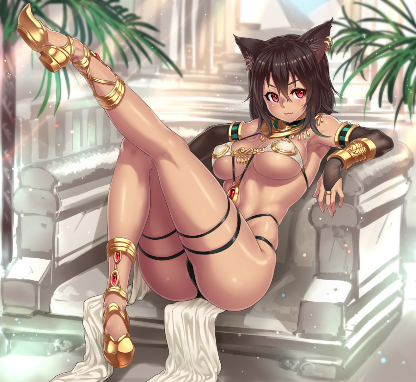 1girl :3 animal_ears armlet armpits bare_shoulders bastet bastet_(houtengeki) bikini black_hair blush bracer breasts bridal_gauntlets cat_ears dark_skin earrings egyptian elbow_gloves female gloves highres houtengeki jewelry kneepits large_breasts leg_up legs looking_at_viewer lots_of_jewelry necklace nekomimi open_\m/ original pelvic_curtain plant pyramid reclining red_eyes revealing_clothes short_hair side_glance sitting smile solo swimsuit tan thick_thighs thigh_strap thighs underboob