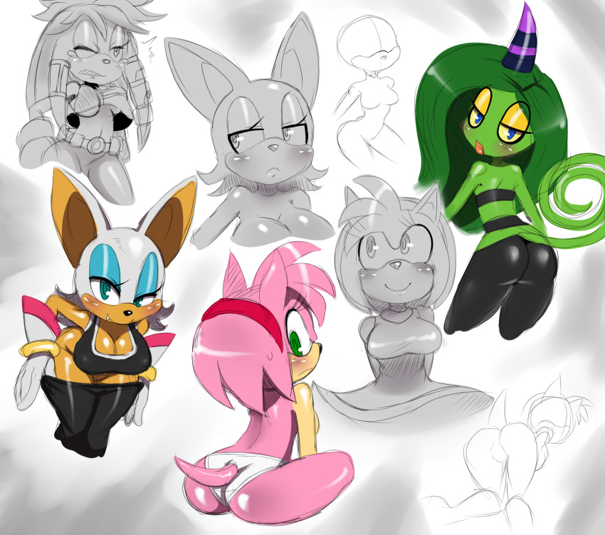2013 amy_rose anthro ass bat bent_over big_breasts breasts butt cleavage deadly_six echidna female furry green_eyes hair hedgehog julie-su looking_back monochrome multiple_tails panties pink_hair rouge_the_bat sega smile sonic_(series) sonic_lost_world sssonic2 tail topless underboob underwear undressing zeena zeena_(sonic_lost_world) zeti