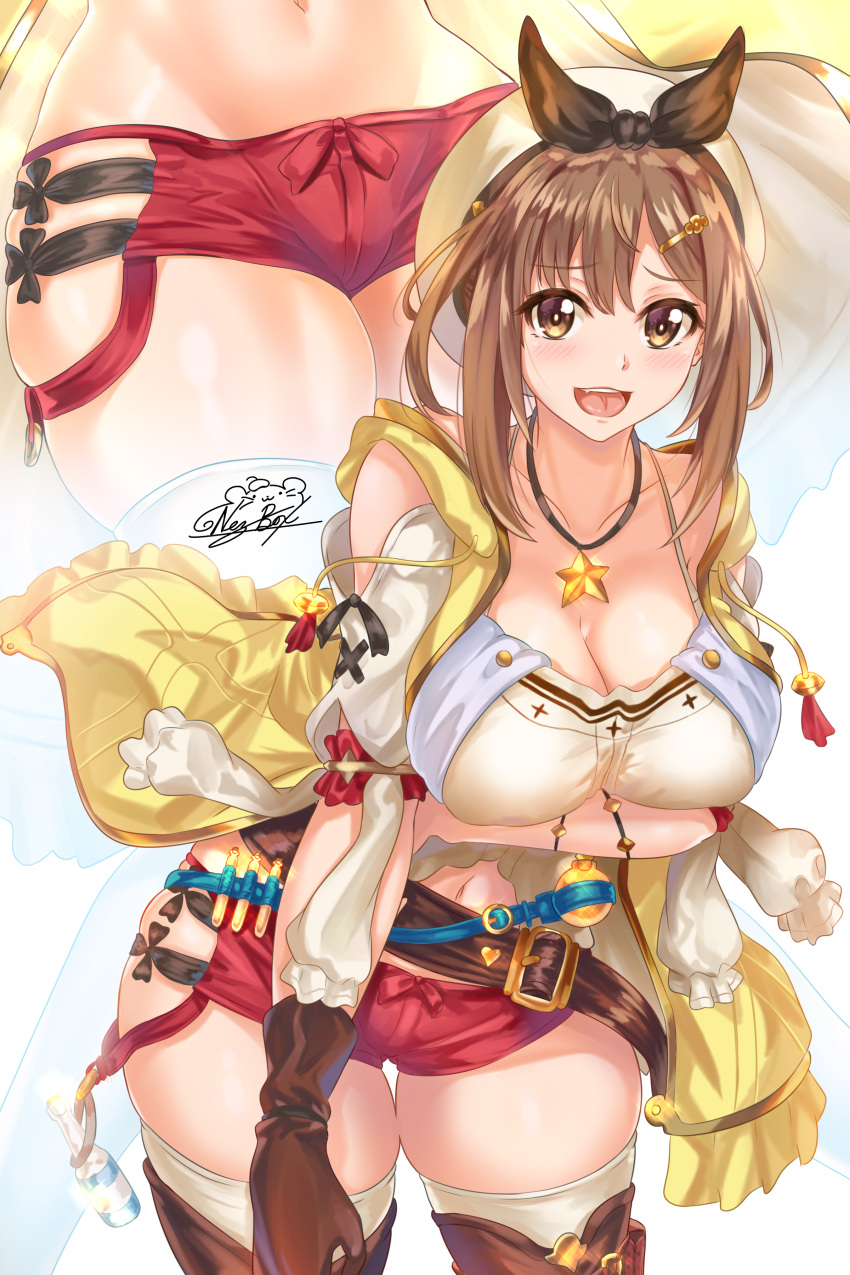1girl 1girl 1girl absurd_res ass atelier_(series) atelier_ryza back bent_over big_ass big_breasts big_breasts blush breast_hold breasts brown_eyes brown_hair cleavage clothed clothed_female collar collarbone female_focus female_only gloves hair_ornament hairclip hat high_res huge_breasts large_ass looking_at_viewer midriff navel nervous nez-kun open_mouth pose red_shorts reisalin_stout ribbon short_hair short_shorts shorts solo_female solo_focus stockings sweat tagme teen thick_thighs thigh_gap thighs tongue video_game_character video_game_franchise white_headwear white_legwear wide_hips