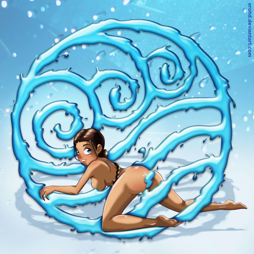 1girl ass avatar:_the_last_airbender big_breasts breasts female_only katara nude rhaz solo solo_female water waterbending