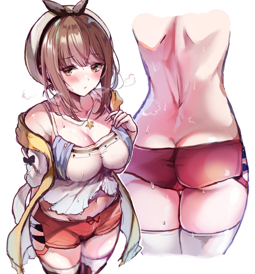 1girl 1girl 1girl absurd_res ass atelier_(series) atelier_ryza back big_ass big_breasts blush breasts brown_eyes brown_hair cleavage clothed clothed_female collarbone eyebrows_visible_through_hair female_focus female_only hair hair_ornament hairclip hat high_res midriff navel red_shorts reisalin_stout sak_(lemondisk) short_hair short_shorts shorts solo_female solo_focus stockings sweat tagme teen thighs video_game_character video_game_franchise white_headwear white_legwear