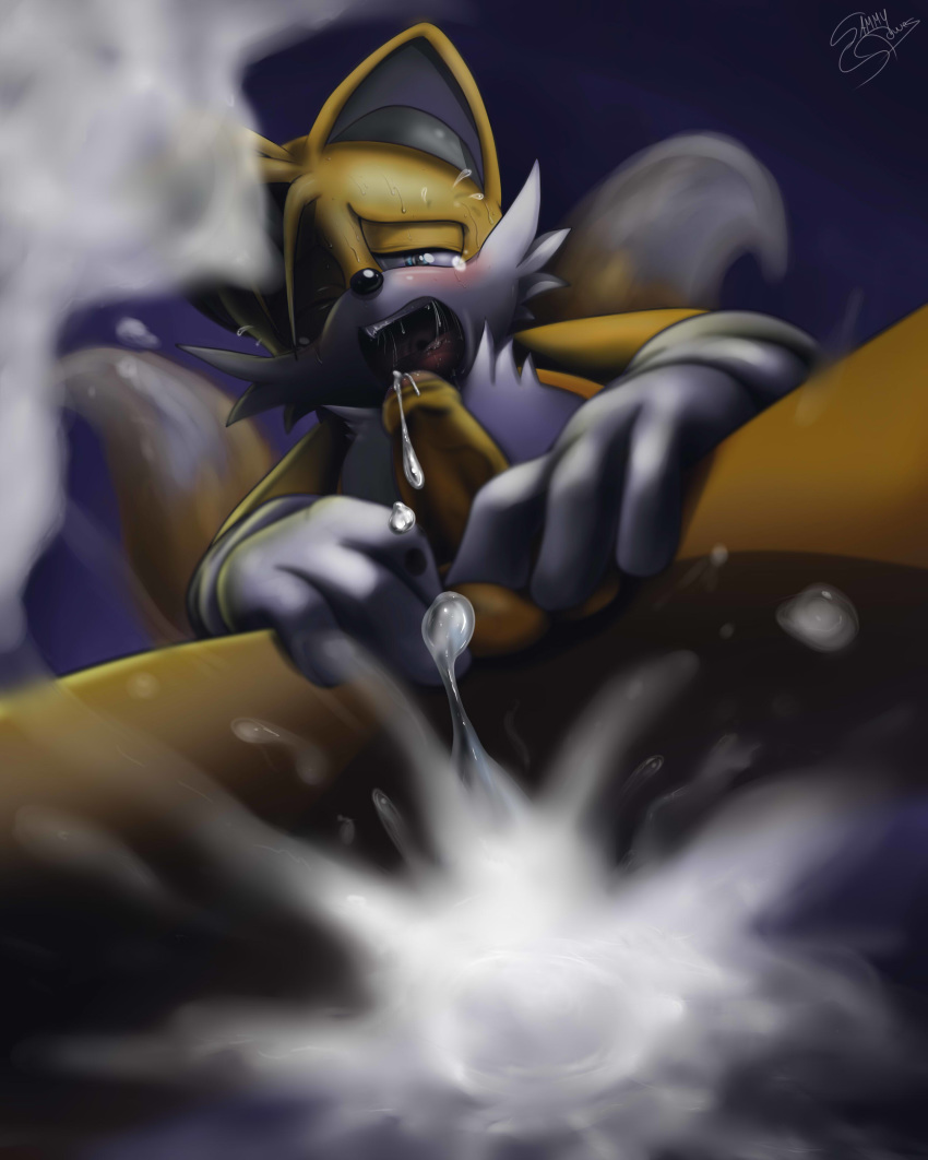 anthro blush canine close-up cum cute erection fox fur furry male miles_"tails"_prower multiple_tails open_mouth penis sammy_stowes sega sonic sonic_(series) spreading sweat tail testicles tongue video_games